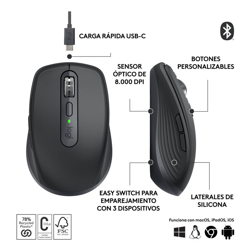 Mouse Compacto Inalámbrico Avanzado Logitech Mx Anywhere 3s
