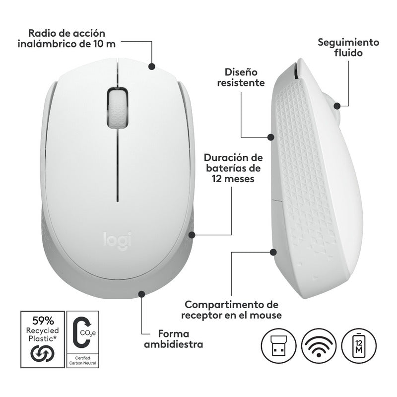 Mouse Inalámbrico Logitech M170 Receptor USB 2.4GHz Batería 12 Meses Diseño Portátil Ambidiestro - Blanco
