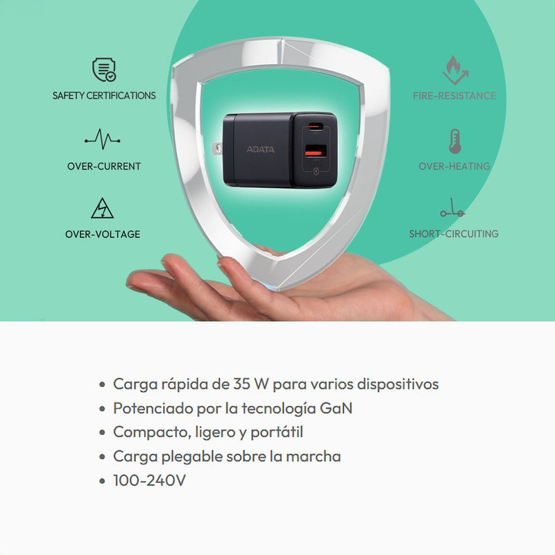 Cargador Rápido Compacto Adata Gan 35w 2en1 Usb-a/usb-c, Wht