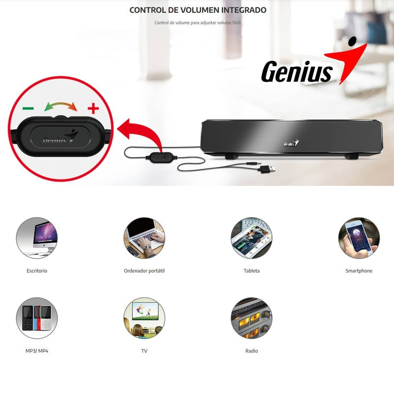 Genius Usb Soundbar 100, Mini Barra Sonido Efecto Inmersivo Negro