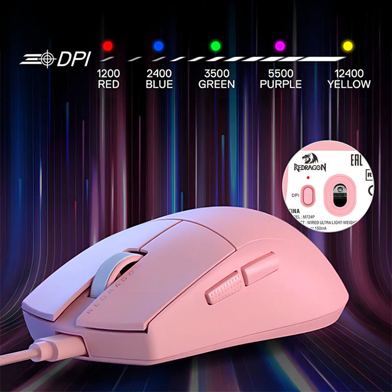 Mouse Gamer Redragon K1ng Rgb Rosa M724p-1k Alámbrico 12,400 Dpi Ultraligero, Polling 1000hz