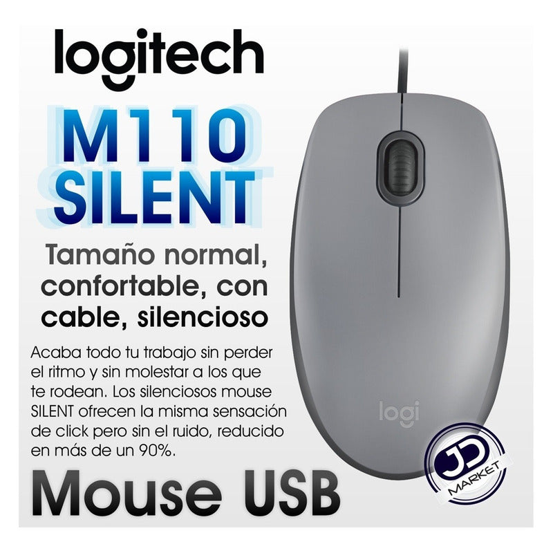 Mouse Óptico Logitech M110 Silent con Clics 90% más Silenciosos Cable USB Diseño Ambidiestro - Gris