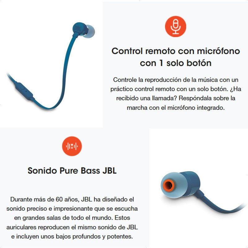 Auriculares 3.5mm Jbl Tune 110 Pure Bass, 100% Original, Blu