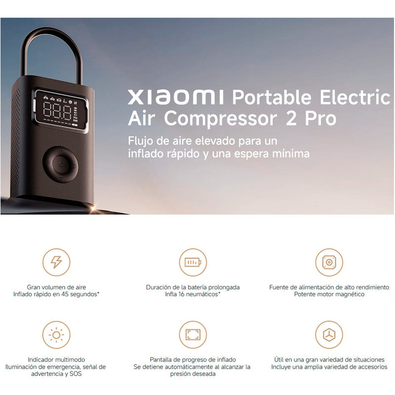 Inflador Xiaomi Portable Electric Air Compresor 2 Pro 150 PSI USB-C Luz SOS Carga Rápida Scooter Auto Moto