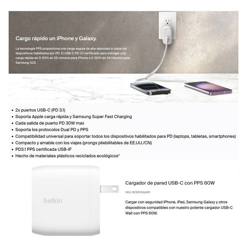 Cargador De Pared Usb-c Dual Pps 60w Belkin Boostcharge Pro Blanco