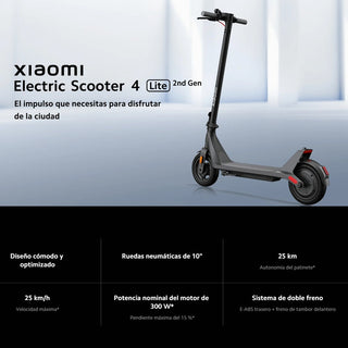 Patineta Eléctrica Xiaomi Scooter 4 Lite (2da Gen) Llantas 10” Max 500W Rango 25km Freno Doble E-ABS IPX4