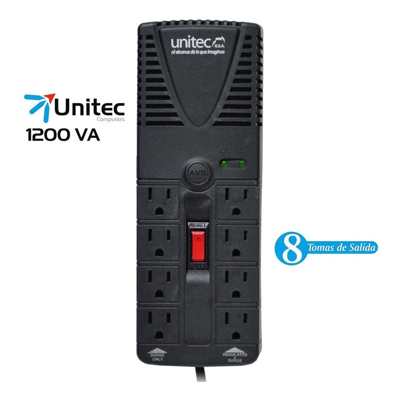 Regulador de Voltaje Automático Unitec de 1200VA con 8 Tomas Protegidas
