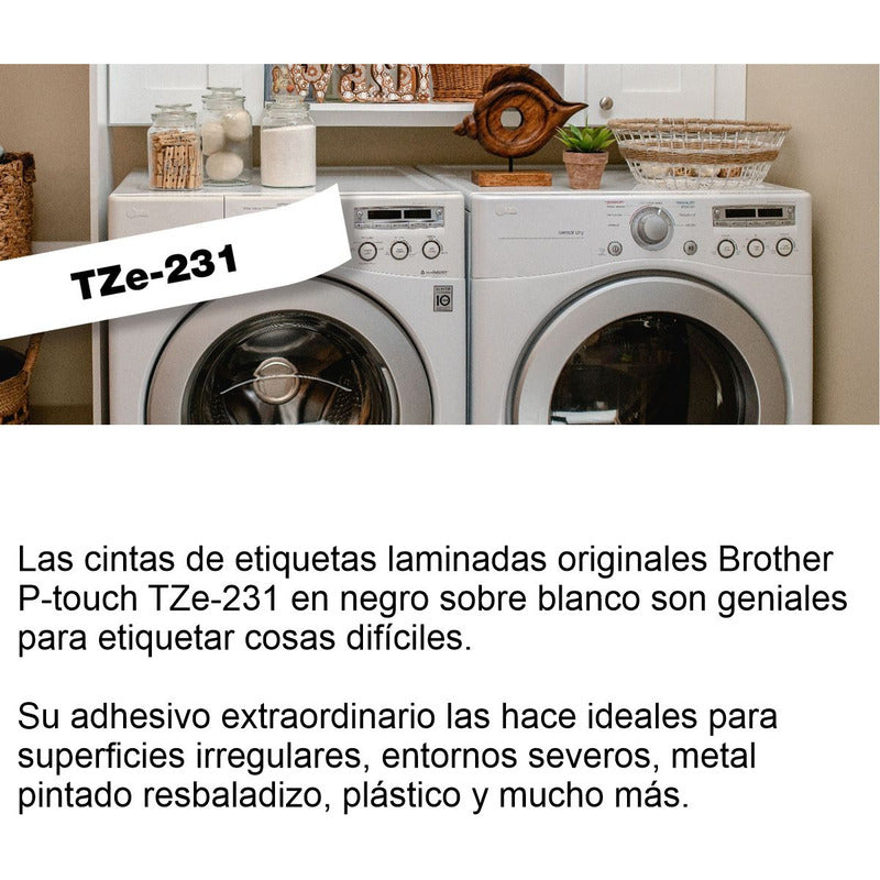 Cinta Laminada Brother Tze-231 Negro Sobre Blanco 12mm X 8mt
