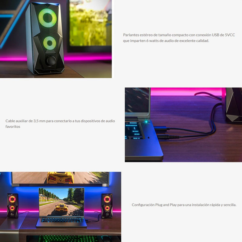 Parlantes Estéreo 2.0 Xtech XTS-131 FireShot con Luces LED, Conexiónes USB/3.5mm