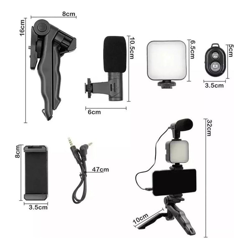 Estabilizador Celular Cámara + Luz Led + Micrófono + Control Negro