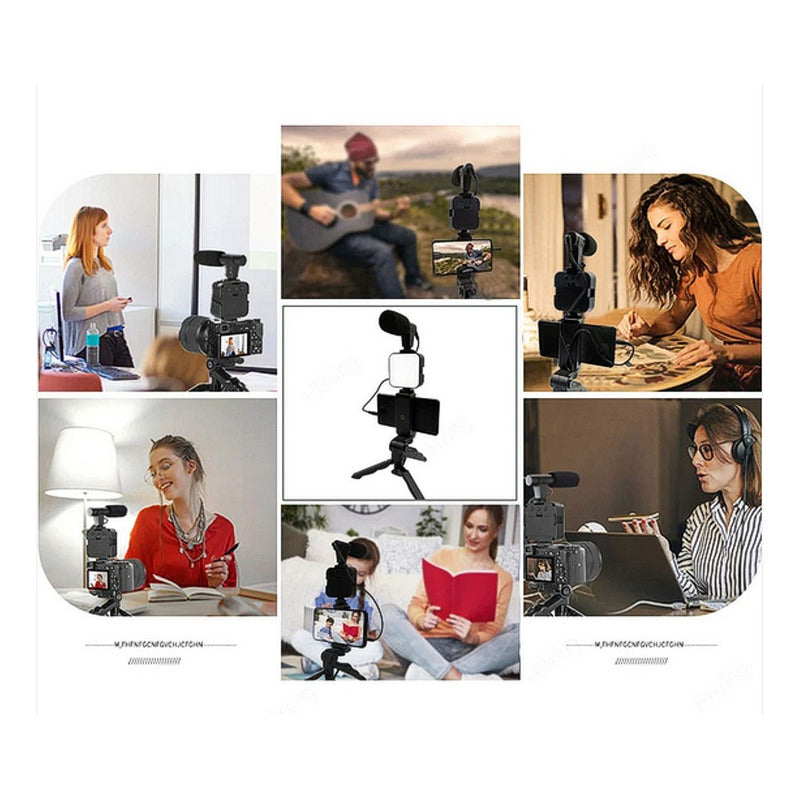 Estabilizador Celular Cámara + Luz Led + Micrófono + Control Negro