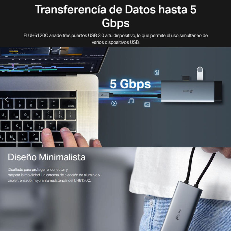 Hub USB-C 6en1 TP-Link UH6120C, HDMI 4K + RJ45 Gigabit + PD 100W + USB-C + 2 USB 3.0