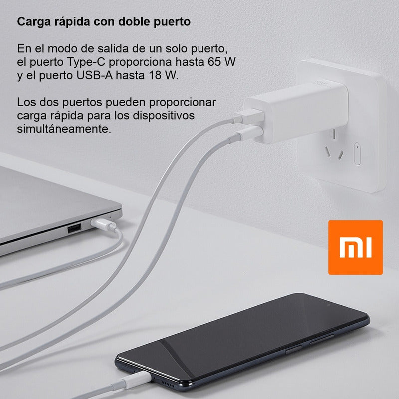 Cargador De Pared Xiaomi Puerto Dual Tipo A Y C 65w Gan 1a1c