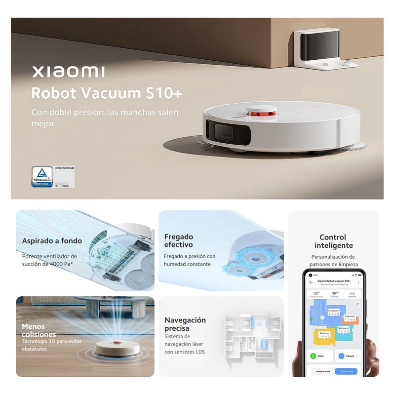 Xiaomi Robot Vacuum S10+, Aspiradora Trapeadora Inteligente, 4000Pa,  Sensor Láser, Color Blanco