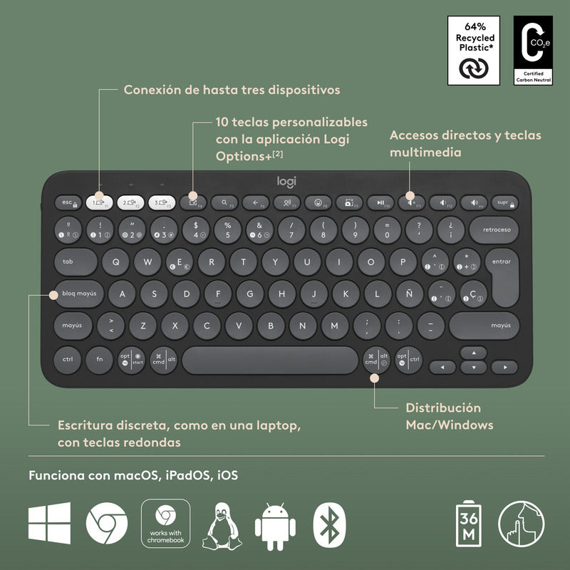 Teclado Bt Multidispositivo Logitech Pebble Keys 2 K380s, Bk