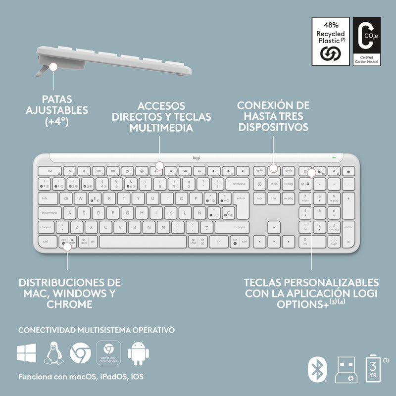 Teclado Bluetooth Bolt Logitech Signature Slim K950, Blanco