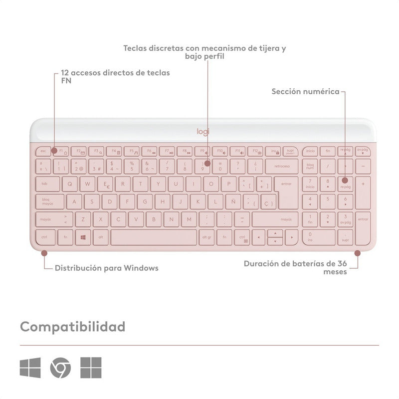Combo Inalámbrico Slim: Teclado Y Mouse Logitech Mk470, Rosa Rosa Claro Rosa Claro