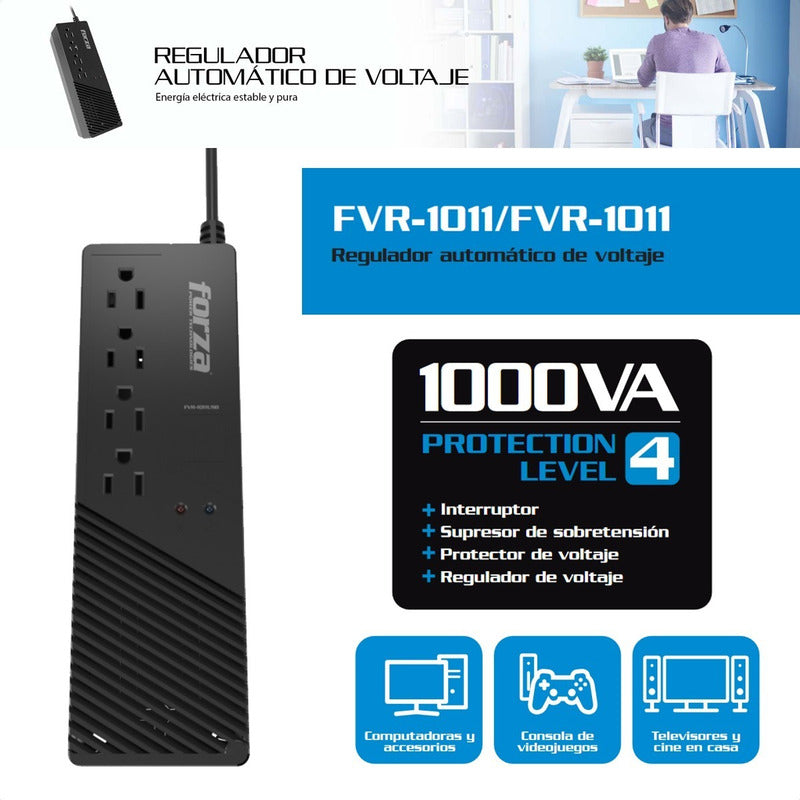 Regulador Voltaje Automático Forza 1000va/500w Con 4 Tomas Negro