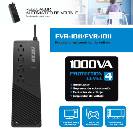 Regulador Voltaje Automático Forza 1000va/500w Con 4 Tomas Negro
