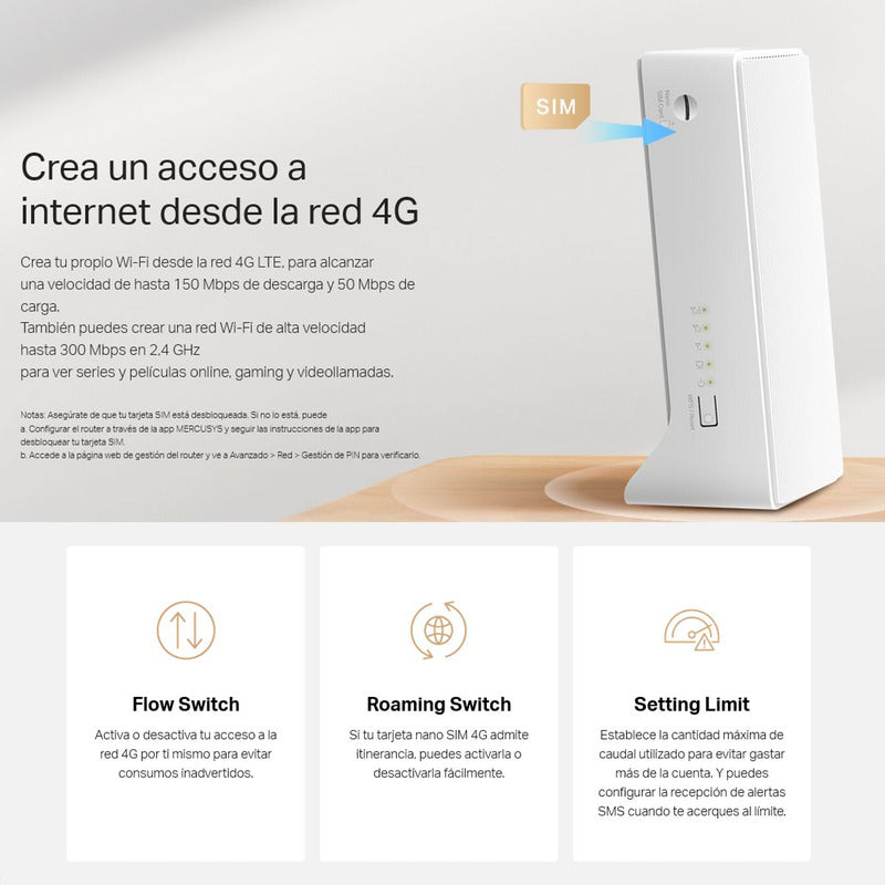 Router Inalámbrico 4G LTE con Sim Card Mercusys MB110-4G Red WiFi hasta 300Mbps