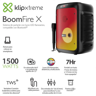 Parlante para Fiestas Klip Xtreme BoomFire X con Luces LED y Micrófono, 100W RMS