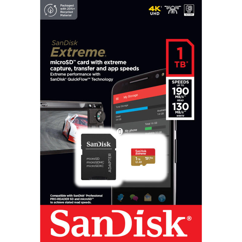 Memoria Micro SD 1TB SanDisk Extreme 190MB/s A2 V30 U3 4K UHD GoPro Drone con Adaptador SD - Original