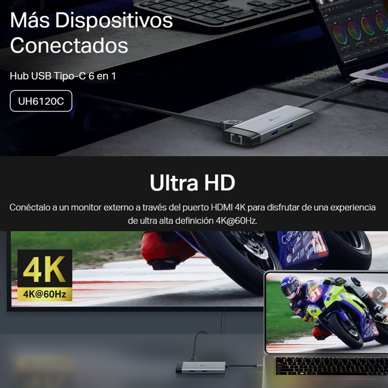 Hub USB-C 6en1 TP-Link UH6120C, HDMI 4K + RJ45 Gigabit + PD 100W + USB-C + 2 USB 3.0