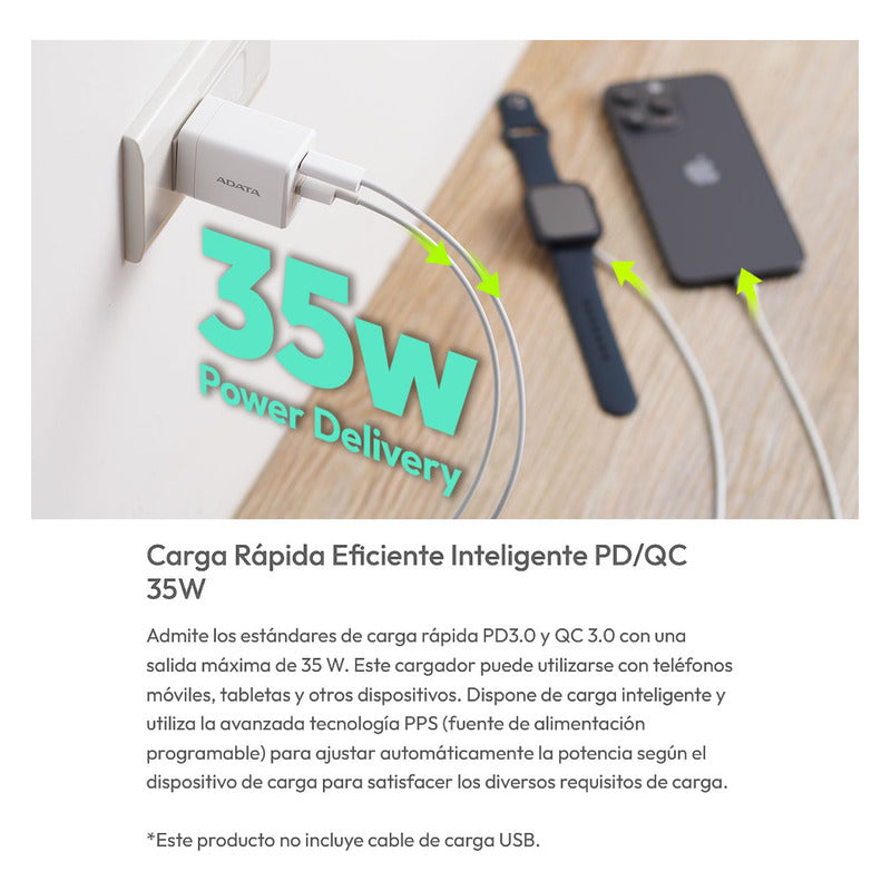 Cargador Rápido Compacto Adata Gan 35w 2en1 Usb-a/usb-c, Wht