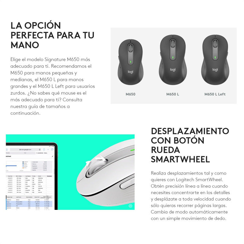 Mouse Inalámbrico / Bluetooth Logitech Signature M650, Wht