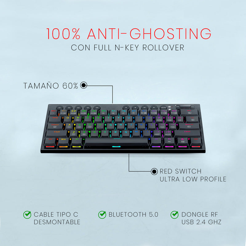 Teclado Gamer Inalámbrico Redragon Horus Mini K632 Pro Rgb Color Del Teclado Negro Idioma Inglés Us