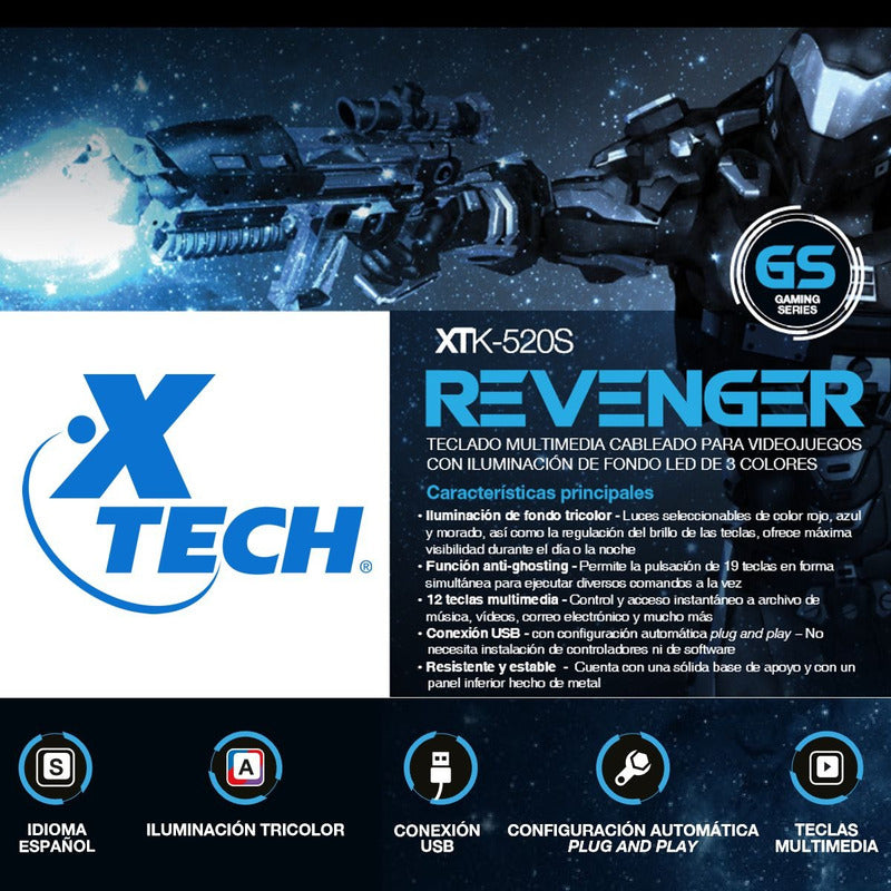 Teclado Gamer Xtech Xtk-520s, Retroiluminado 3c / Multimedia
