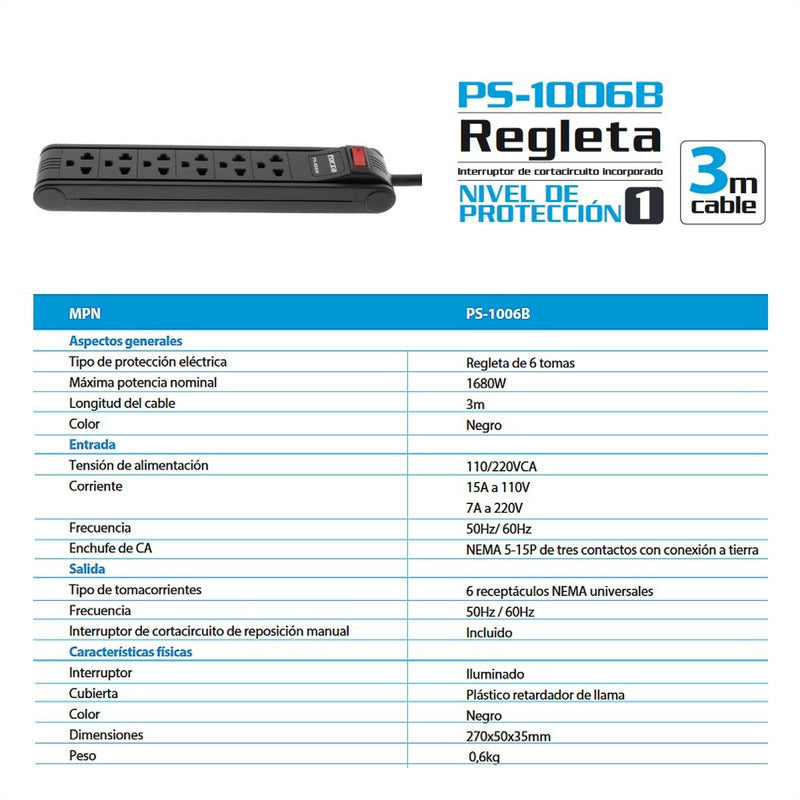 Multitoma Forza Ps-1006b, Extensión 3 Metros, 6 Tomas, 1680w