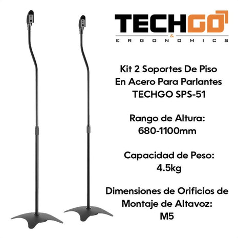 Kit 2 Soportes de Piso Universales para Altavoces TechGo SPS-51, Diseño Metálico Ajustable en Altura