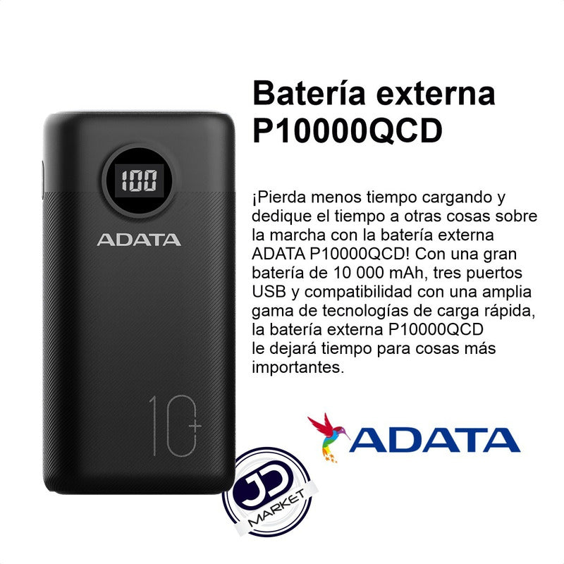 Power Bank 10000mah Multi Carga Rápida Usb-c Adata P10000qcd Negro