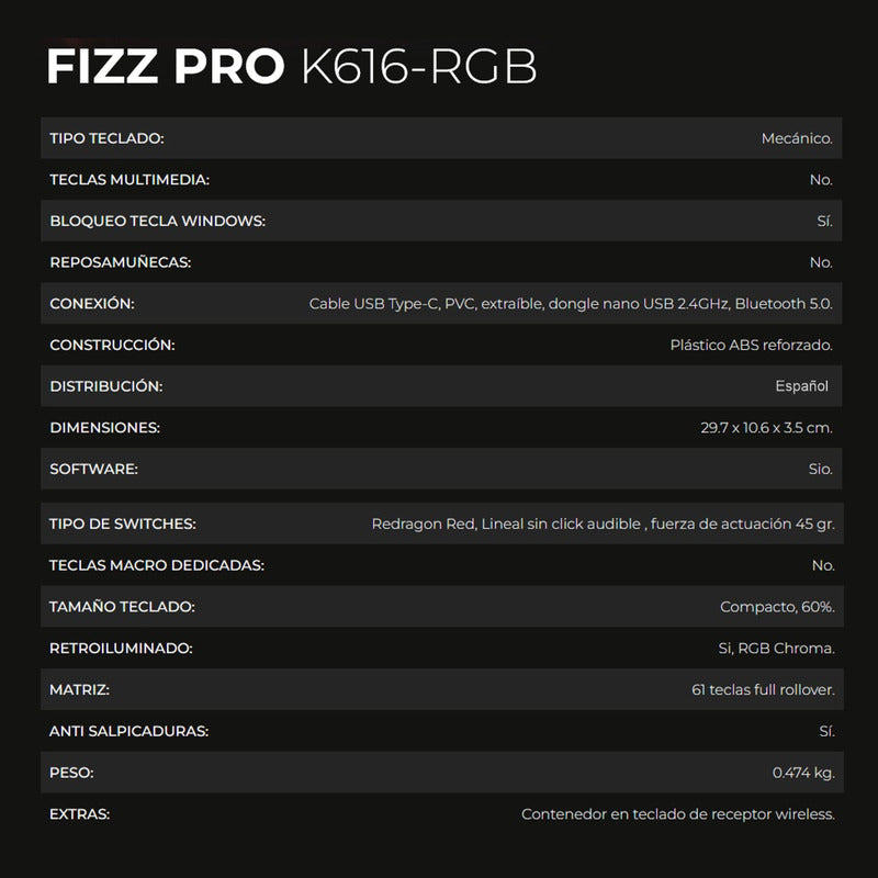 Teclado Gamer Mecánico Inalámbrico Redragon K616rgb Fizz Pro Negro Español
