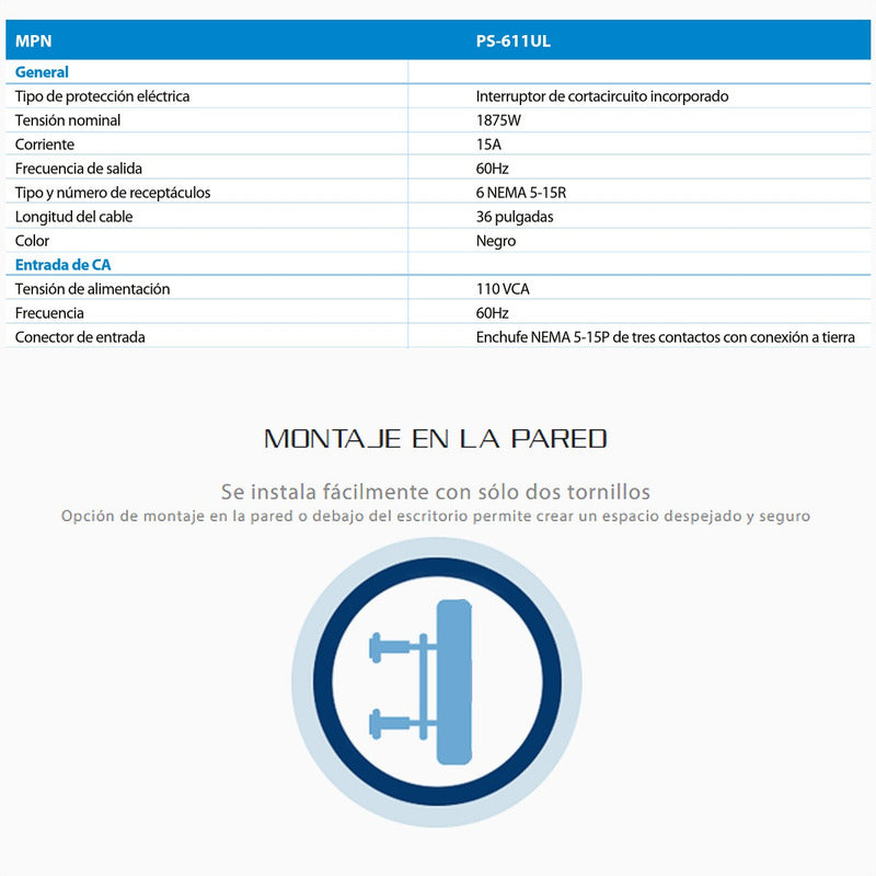 Multitoma Forza Ps-611ul, Extensión 90cm / 6 Tomas / 1875w