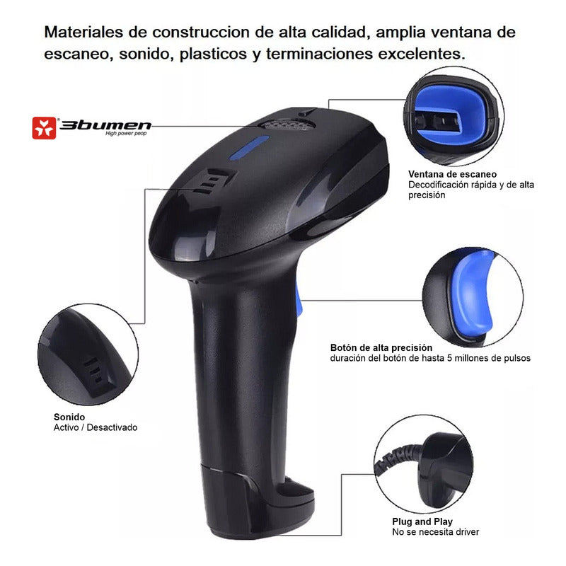 Lector/escaner Usb Código De Barras Inalámbrico, 3bumen 1d Negro Usb