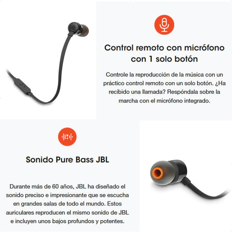 Audífonos JBL Tune 110 3.5mm Intraaurales con Micrófono y Sonido Pure Bass Original Negro