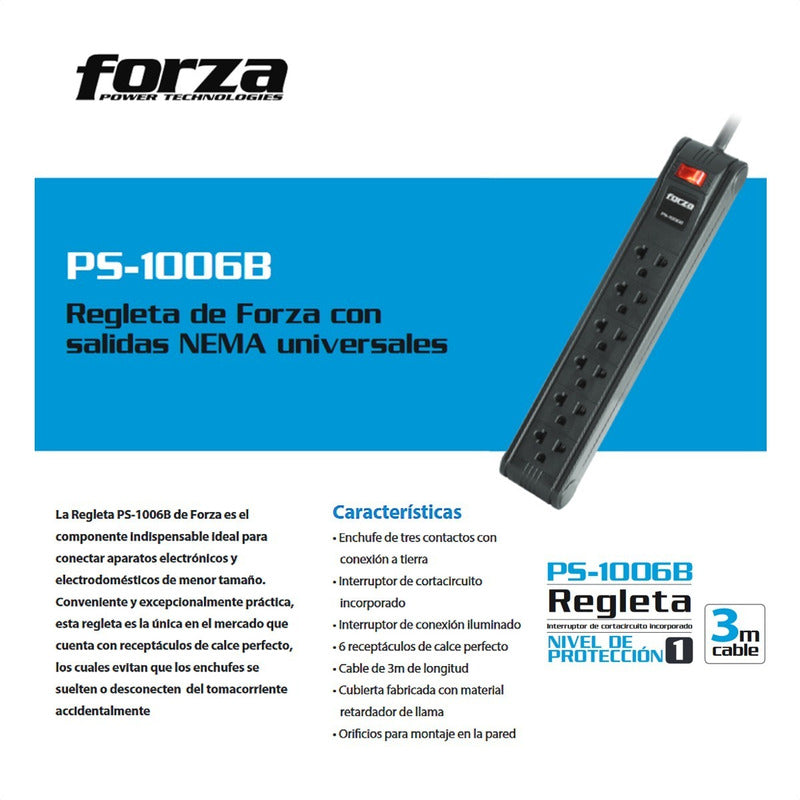 Multitoma Forza Ps-1006b, Extensión 3 Metros, 6 Tomas, 1680w