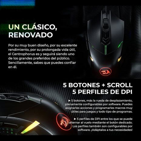 Mouse Gamer Redragon M601 RGB Centrophorus 2 7200 DPI 6 Botones Programables Pesas Ajustables - Negro