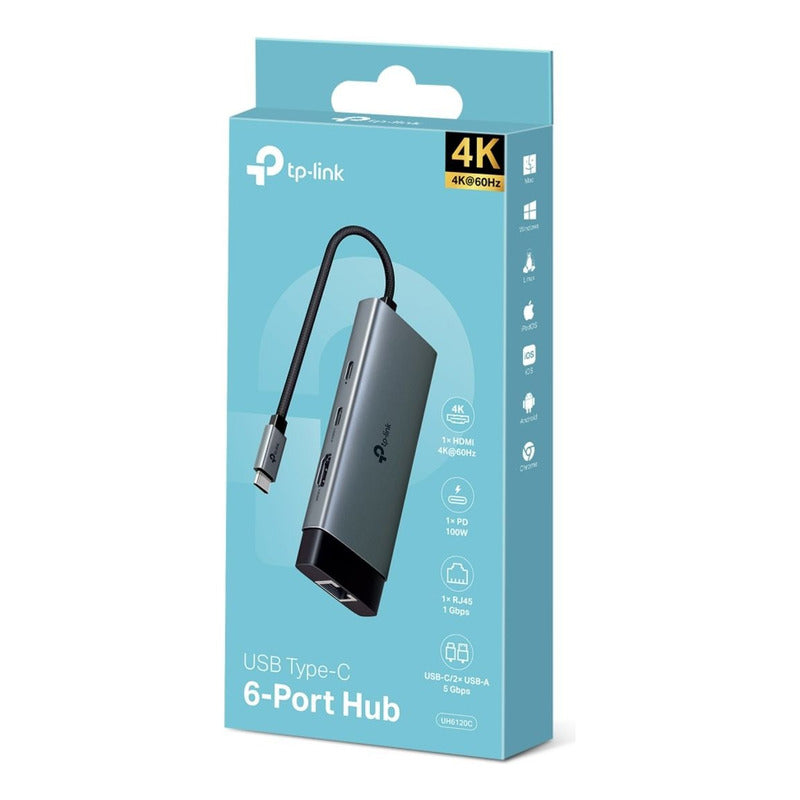Hub USB-C 6en1 TP-Link UH6120C, HDMI 4K + RJ45 Gigabit + PD 100W + USB-C + 2 USB 3.0