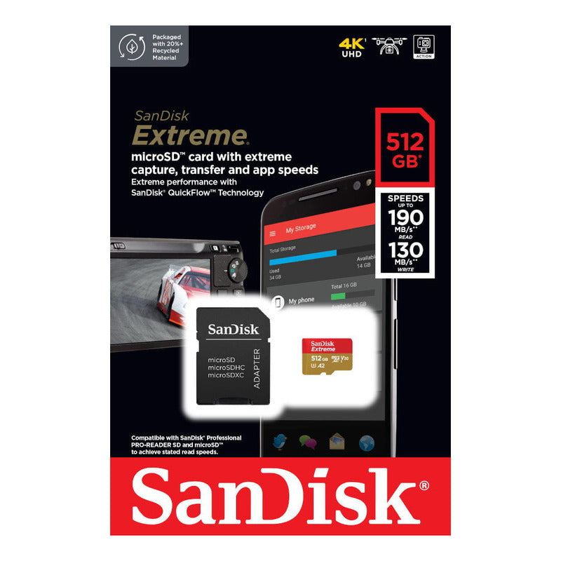 Tarjeta Micro Sdxc 512gb Sandisk Extreme, 4k U3 A2, 190mb/s