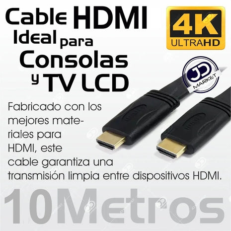 Cable Hdmi De 10 Mts. Plano, Ver. 1.4, Soporta 3d Y 4k