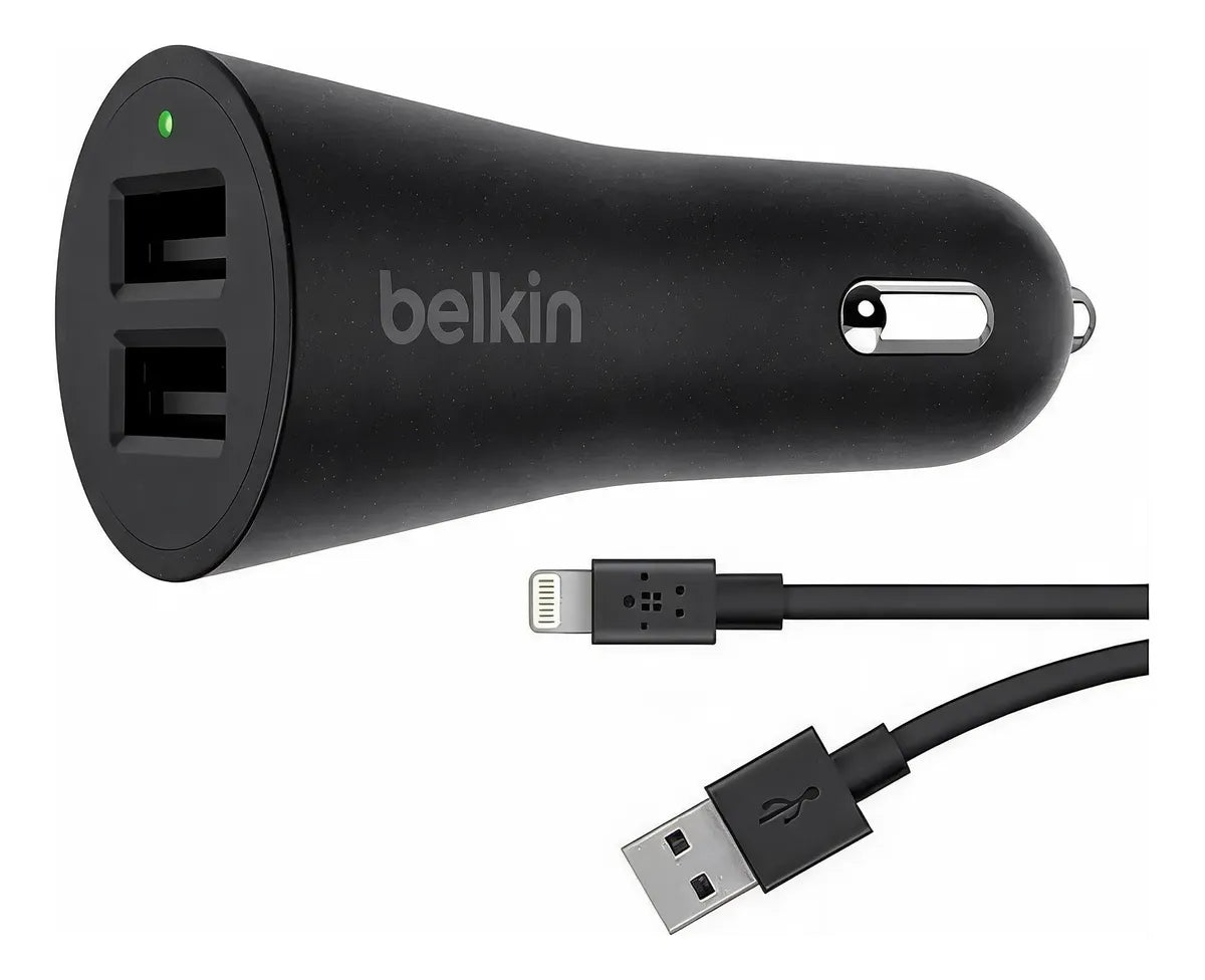 Cargador para Carro Belkin F8J221BT04-BLK 24W con 2 Puertos USB-A y Cable Lightning Negro
