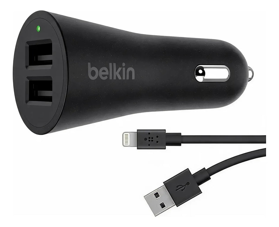 Cargador para Carro Belkin F8J221BT04-BLK 24W con 2 Puertos USB-A y Cable Lightning Negro