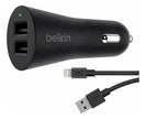 Cargador para Carro Belkin F8J221BT04-BLK 24W con 2 Puertos USB-A y Cable Lightning Negro