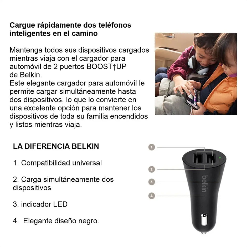 Cargador para Carro Belkin F8J221BT04-BLK 24W con 2 Puertos USB-A y Cable Lightning Negro