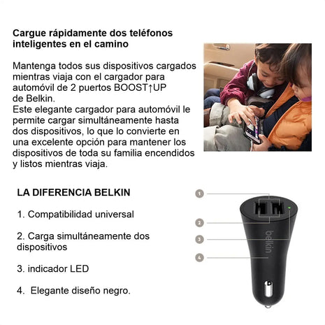 Cargador para Carro Belkin F8J221BT04-BLK 24W con 2 Puertos USB-A y Cable Lightning Negro