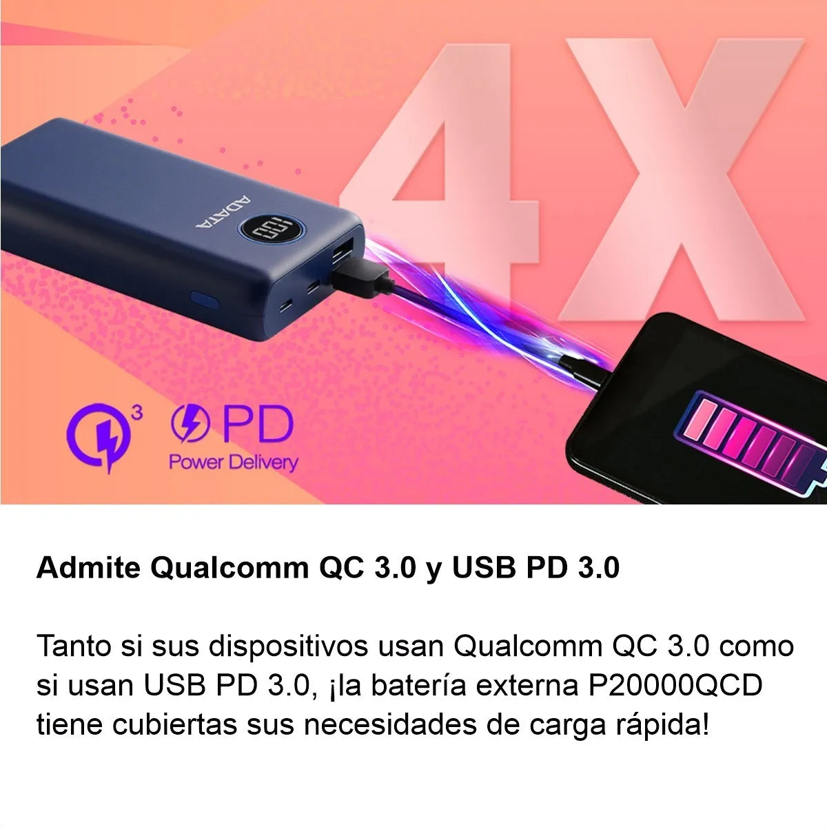 Power Bank 20000mah Carga Rápida Qc/pd Adata P20000qcd, Blanco