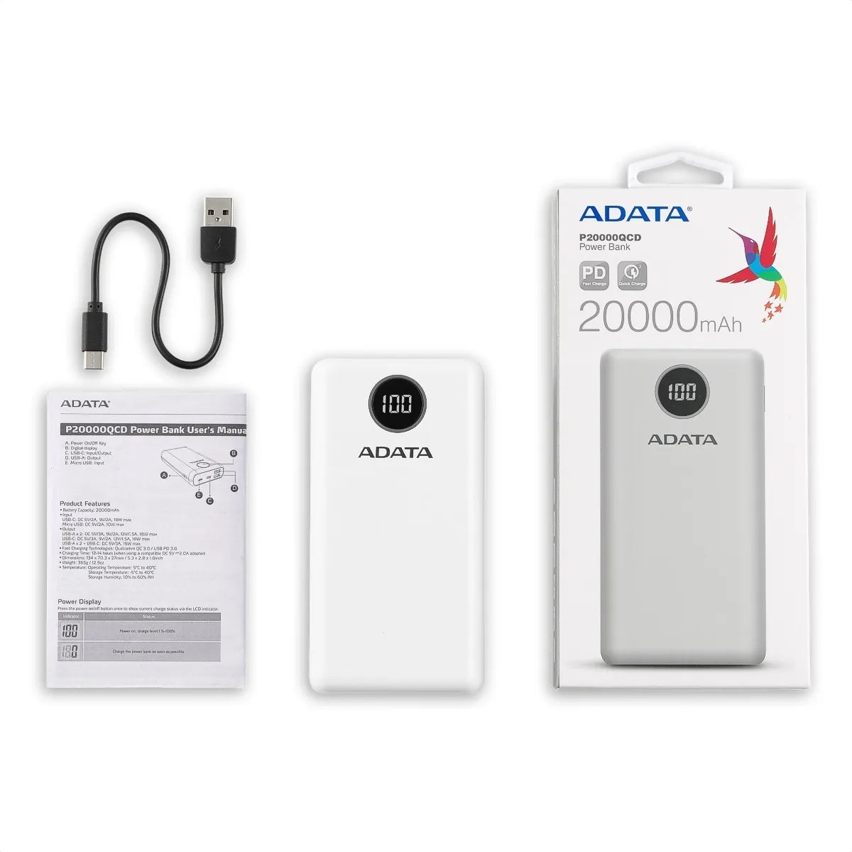 Power Bank 20000mah Carga Rápida Qc/pd Adata P20000qcd, Blanco